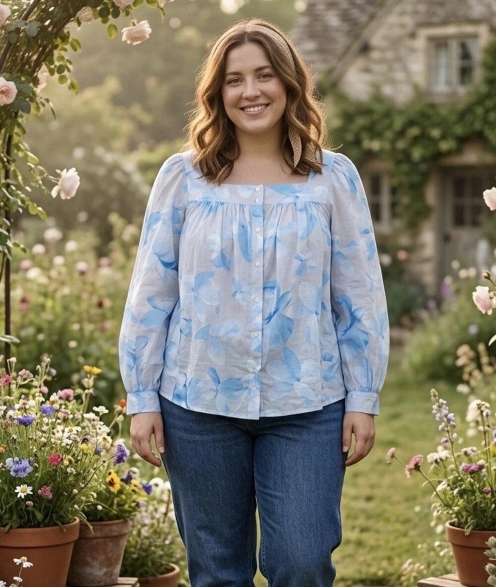 Calvin Klein Womens Plus Size 3X Blue Floral Blouse Square Neck Boho Coastal NWT